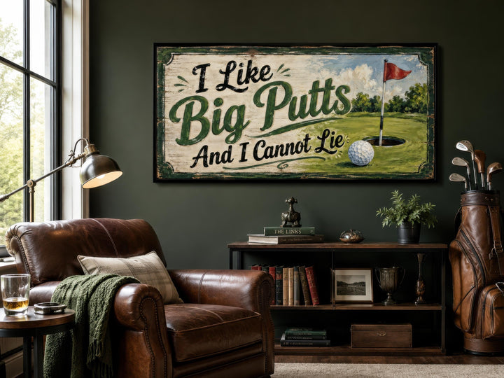 Vintage-style golf wall art with 'I Like Big Putts And I Cannot Lie' text in a rustic man cave.