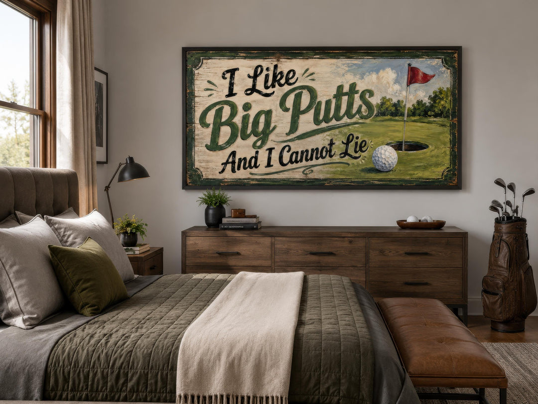 Vintage-style golf wall art with "I Like Big Putts And I Cannot Lie" text in a bedroom setting.