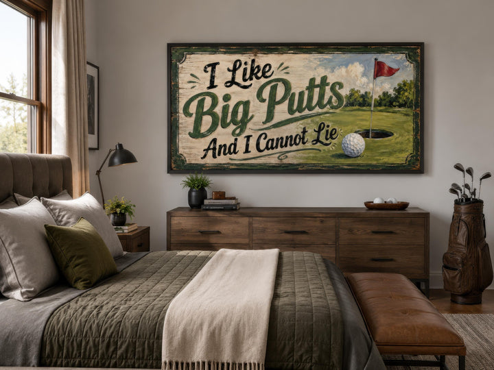 Vintage-style golf wall art with "I Like Big Putts And I Cannot Lie" text in a bedroom setting.