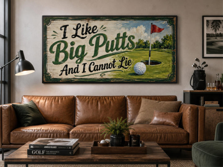 I Like Big Putts vintage-style golf wall art hanging above a brown leather sofa in a man cave.