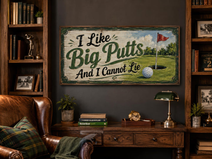 Vintage-style golf wall art with 'I Like Big Putts And I Cannot Lie' text in a rustic man cave.