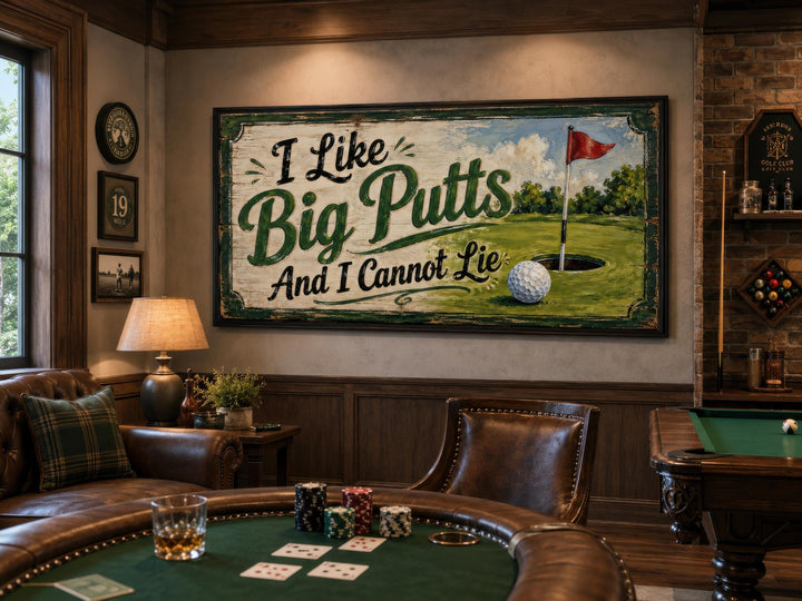 Vintage-style golf wall art with 'I Like Big Putts And I Cannot Lie' text in a rustic man cave.