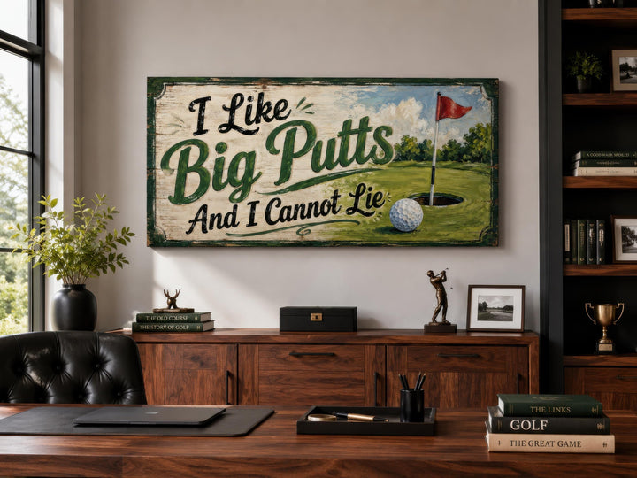 Vintage-style golf wall art with the pun "I Like Big Putts And I Cannot Lie" over a desk.