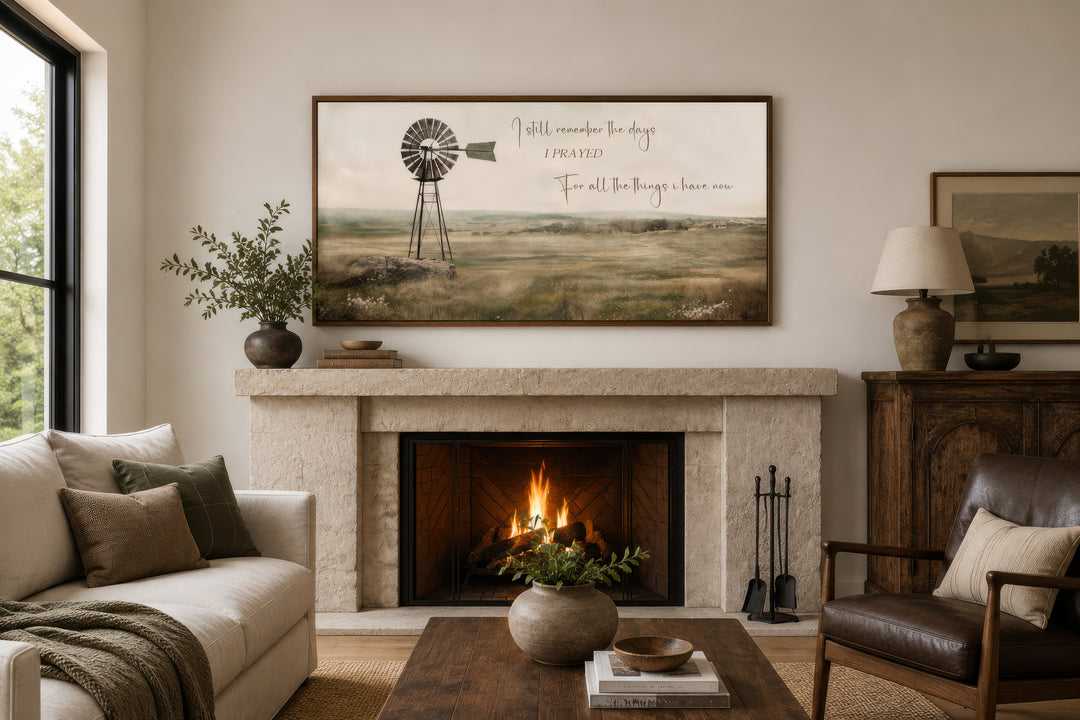 I Still Remember The Days wall art featuring a rustic windmill in a farm landscape over a fireplace.