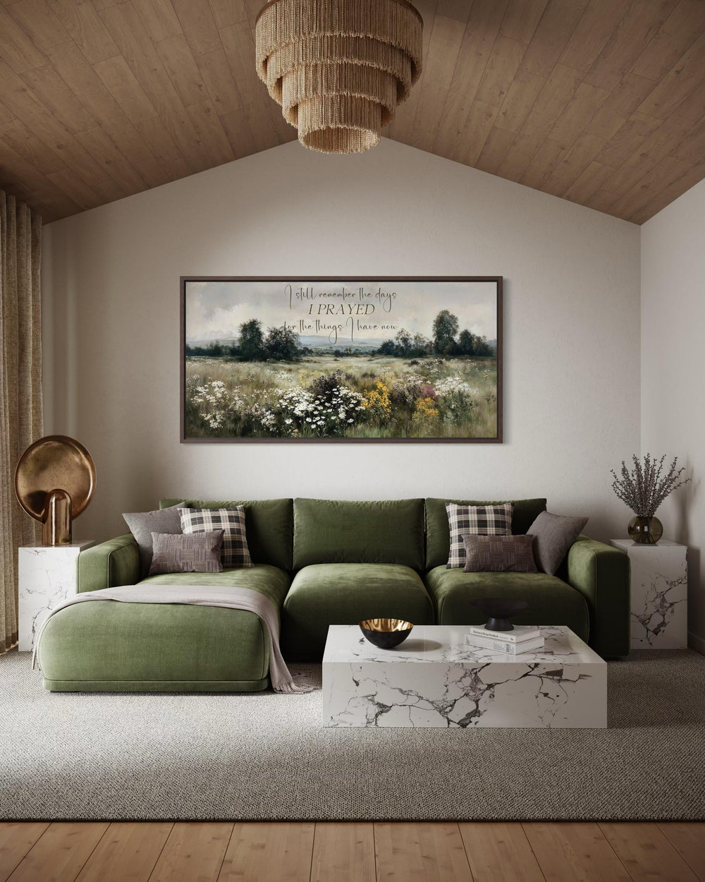 Large horizontal Christian canvas wall art featuring a wildflower field and inspirational quote.