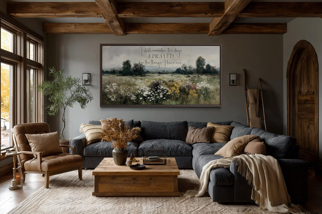Large horizontal Christian canvas wall art featuring a wildflower field and inspirational quote.