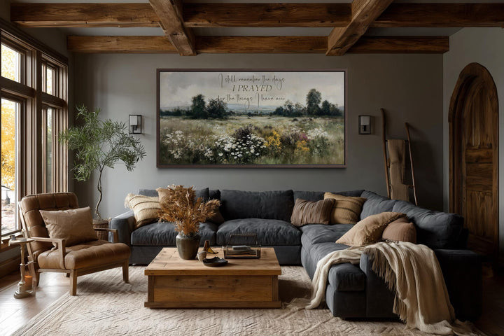 Large horizontal Christian canvas wall art featuring a wildflower field and inspirational quote.