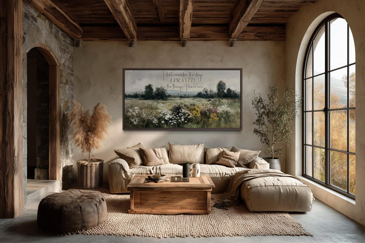Large horizontal Christian canvas wall art featuring a wildflower field and inspirational quote.