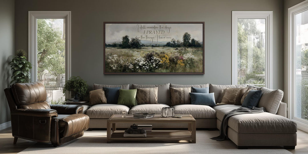 Large horizontal Christian canvas wall art featuring a wildflower field and inspirational quote.