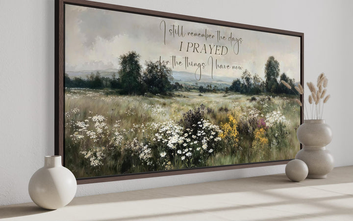 Large horizontal Christian canvas wall art featuring a wildflower field and inspirational quote.
