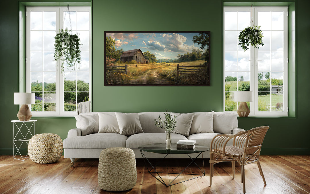 Old Barn In The Farm Landscape Framed Canvas Wall Art above couch