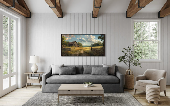 Old Barn In The Farm Landscape Framed Canvas Wall Art above couch