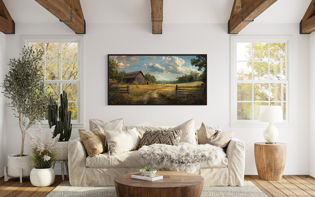 Old Barn In The Farm Landscape Framed Canvas Wall Art above couch