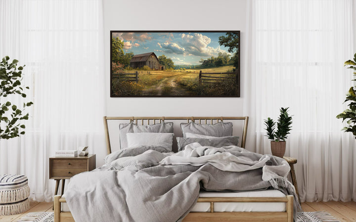 Old Barn In The Farm Landscape Framed Canvas Wall Art above bed