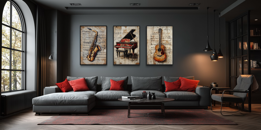 Set of three vertical canvas prints featuring a saxophone, piano, and guitar over musical notes.