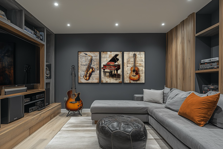 Set of three vertical canvas prints featuring a piano, guitar, and saxophone over sheet music.