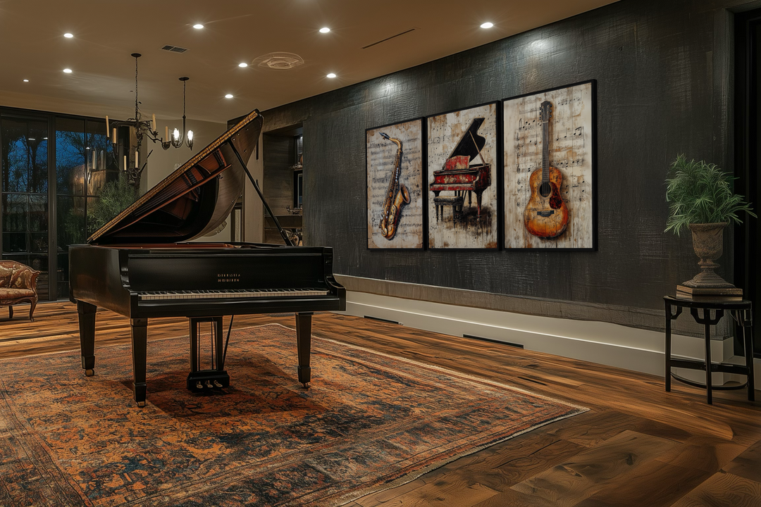 Set of three vertical canvas prints featuring a saxophone, piano, and guitar over musical notes.