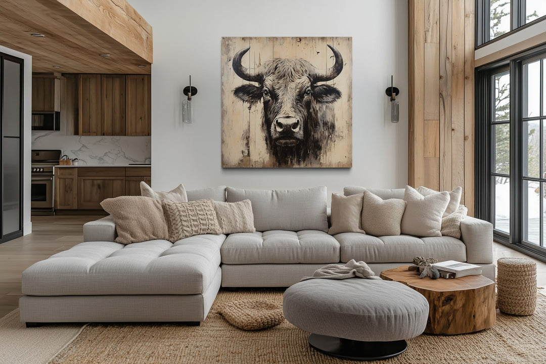 Bull Painting on Distressed Wood Rustic Framed Canvas Wall Art