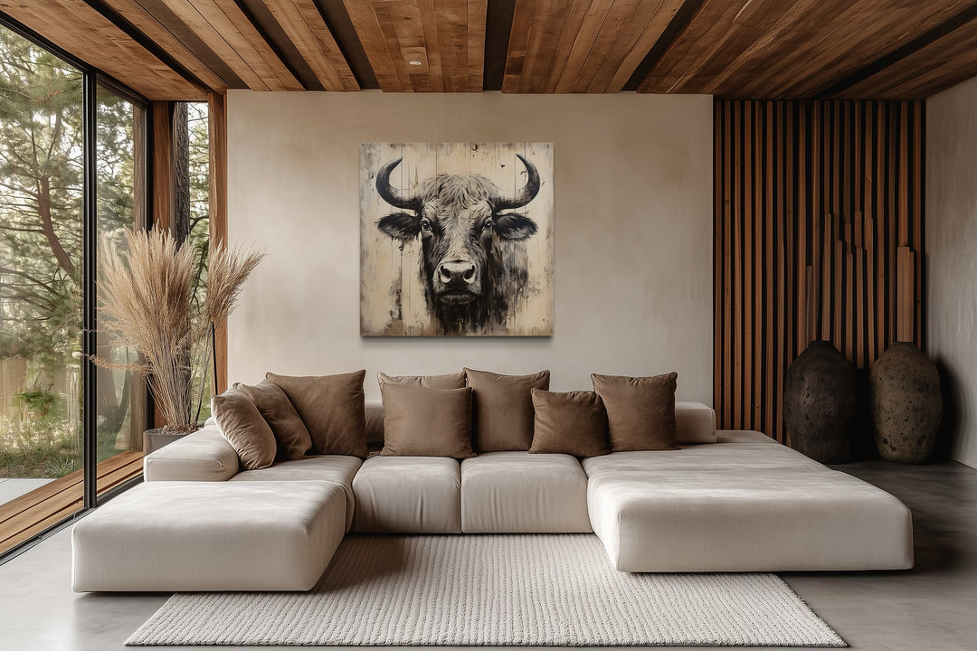 Bull Painting on Distressed Wood Rustic Framed Canvas Wall Art