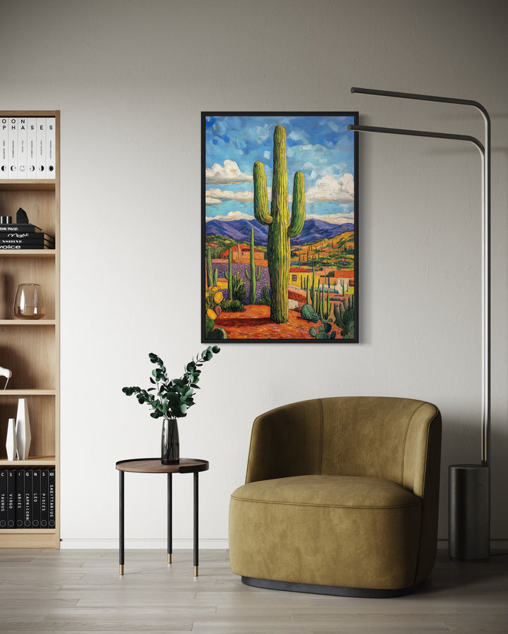 Toile encadrée traditionnelle mexicaine représentant un cactus Saguaro coloré 