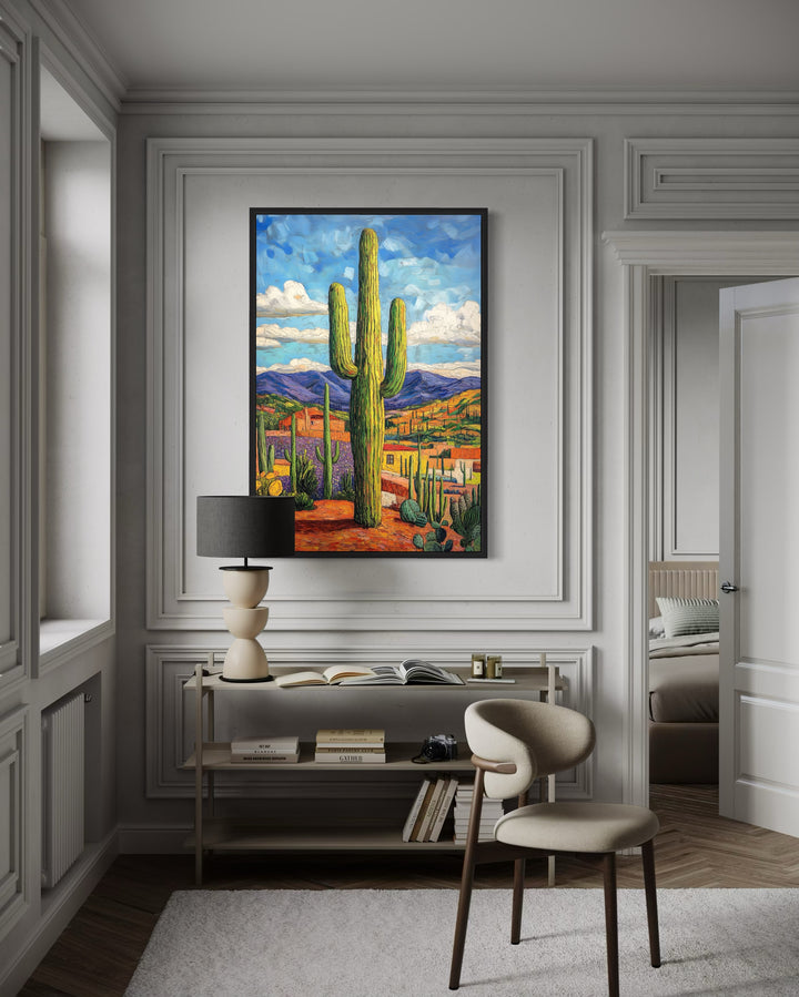 Toile encadrée traditionnelle mexicaine représentant un cactus Saguaro coloré 