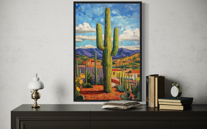 Toile encadrée traditionnelle mexicaine représentant un cactus Saguaro coloré 