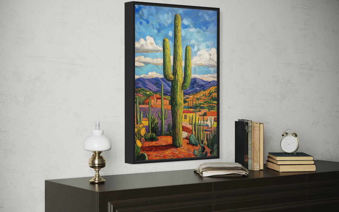 Toile encadrée traditionnelle mexicaine représentant un cactus Saguaro coloré 