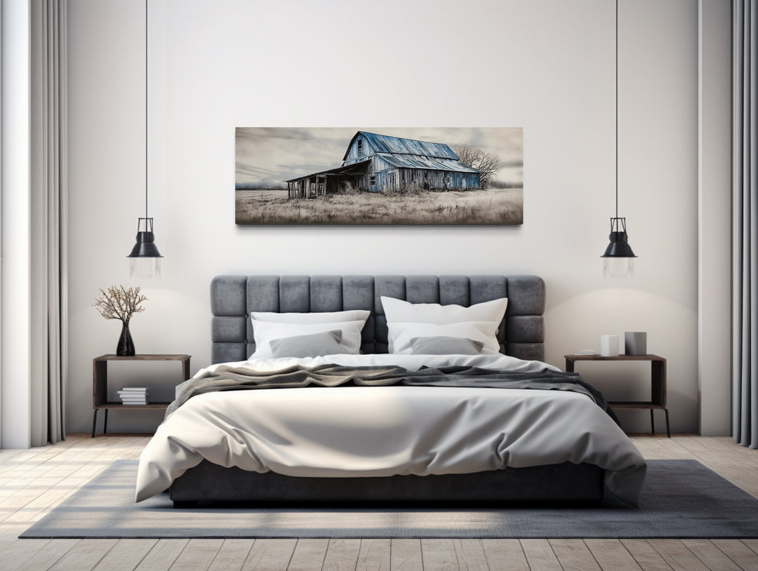 Old Rustic Blue Barn Painting On Wood Canvas Wall Art "Serene Pasture" hanging over grey bed