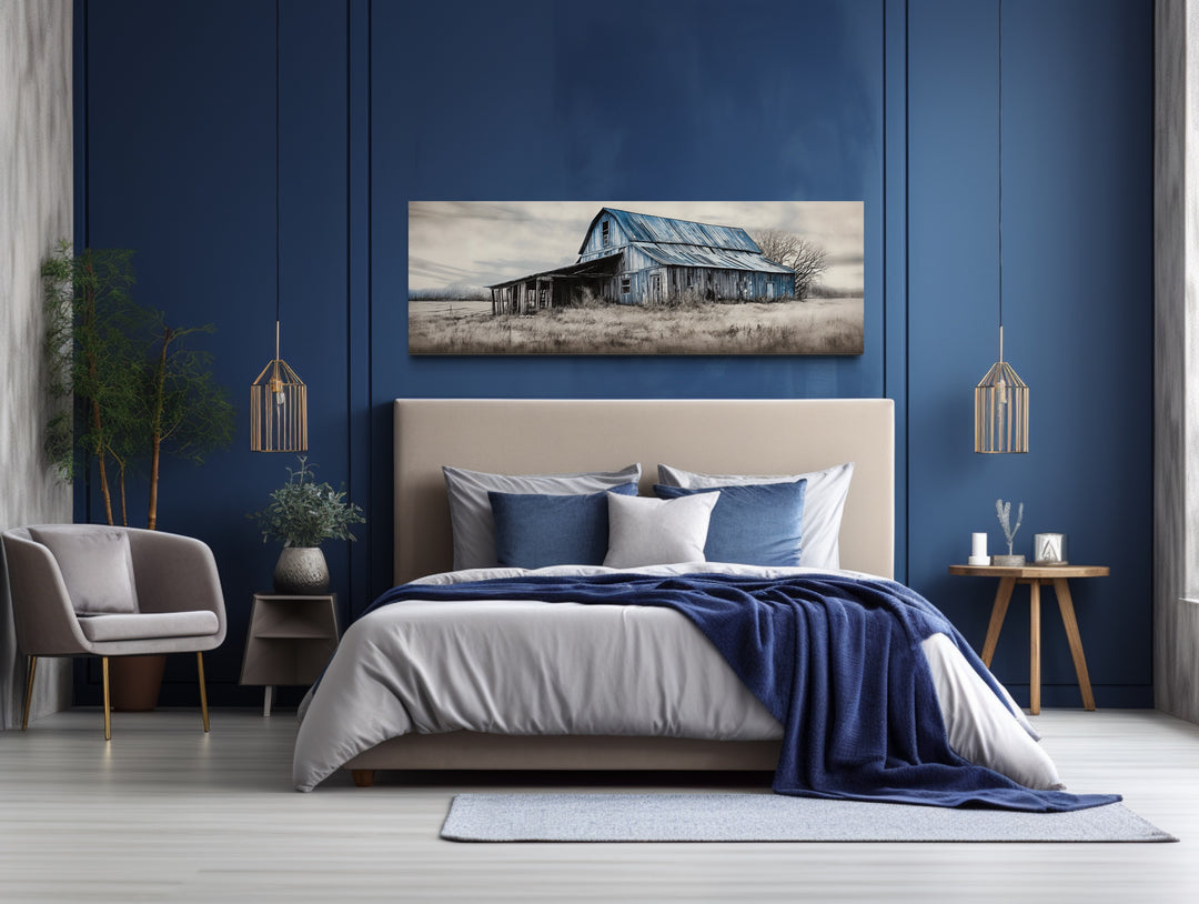 Old Rustic Blue Barn Painting On Wood Canvas Wall Art "Serene Pasture" hanging over blue bed