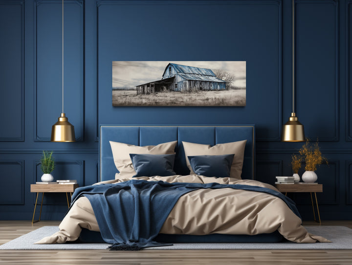 Old Rustic Blue Barn Painting On Wood Canvas Wall Art "Serene Pasture" over modern blue and beige bed