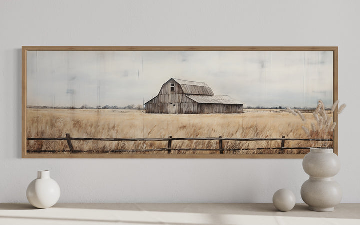 Rustic Old Barn On Wood Panoramic Canvas Wall Art "Rustic Repose" close up view in oak frame
