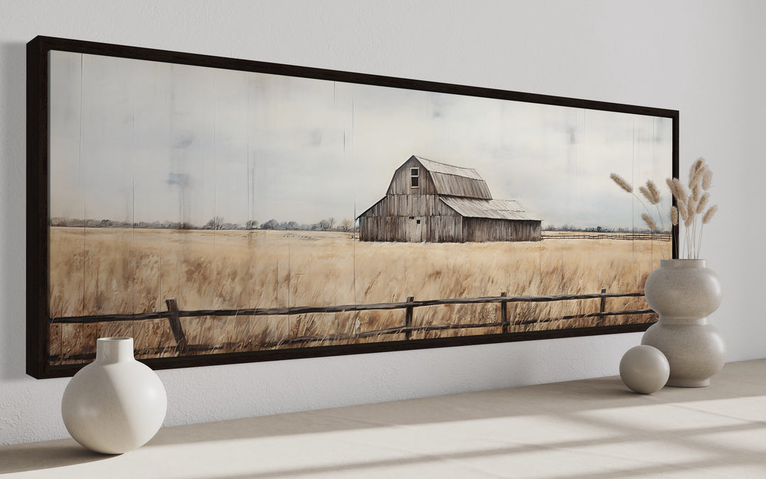 Rustic Old Barn On Wood Panoramic Canvas Wall Art "Rustic Repose" in walnut frame close up