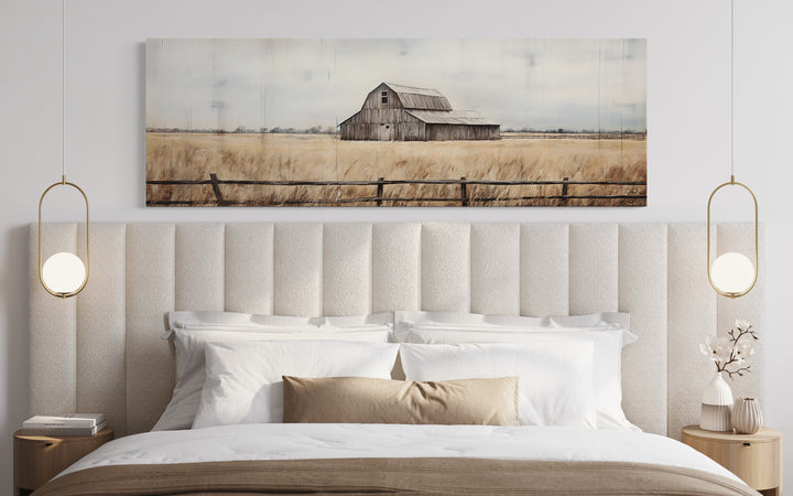 Rustic Old Barn On Wood Panoramic Canvas Wall Art "Rustic Repose" stretched canvas over modern bed