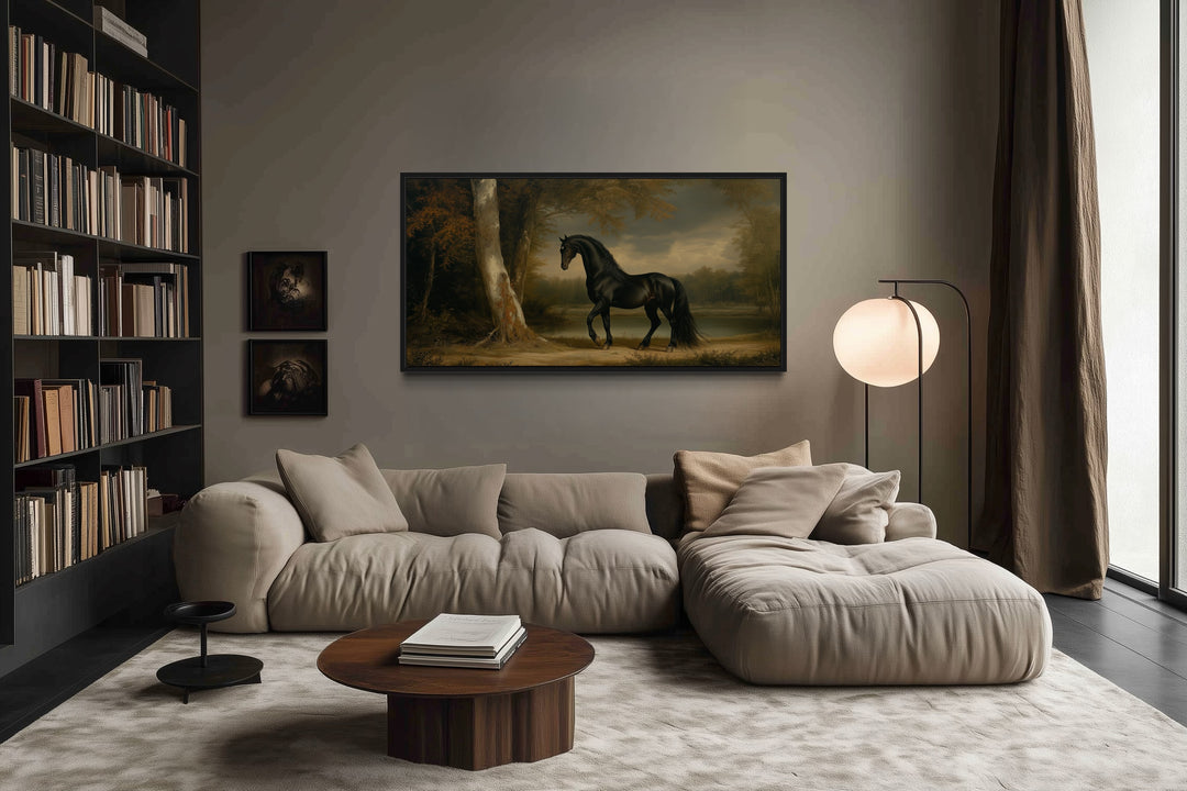 Vintage Black Horse Painting Framed Canvas Wall Art