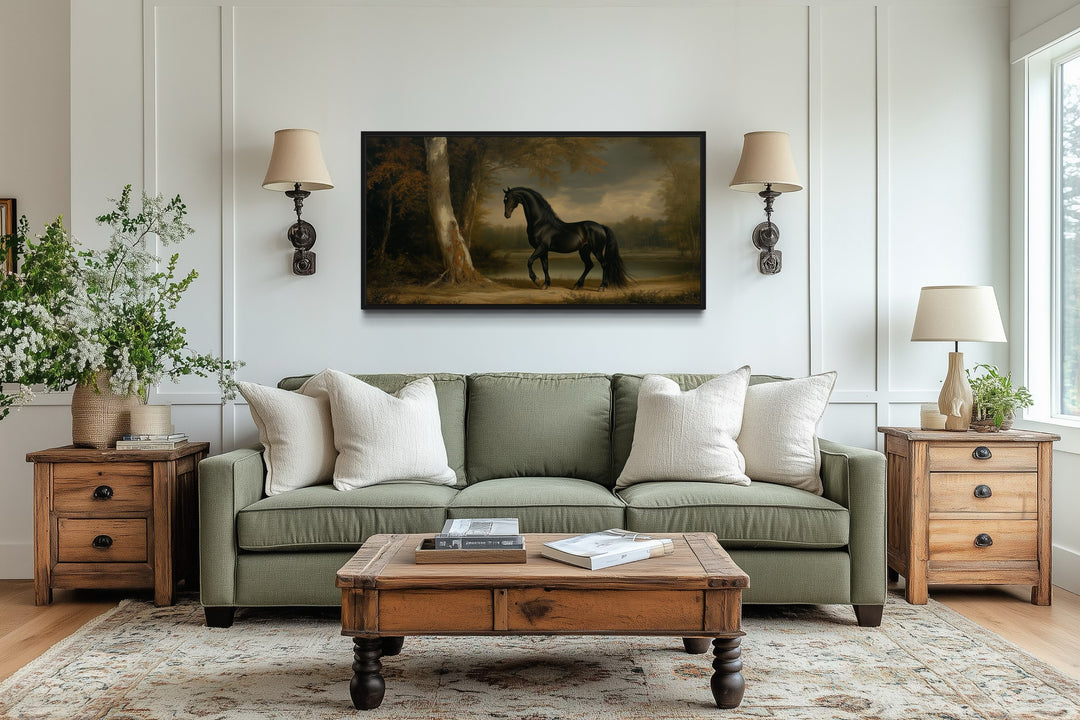 Vintage Black Horse Painting Framed Canvas Wall Art