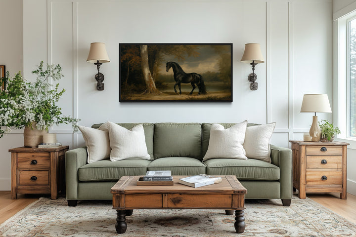 Vintage Black Horse Painting Framed Canvas Wall Art