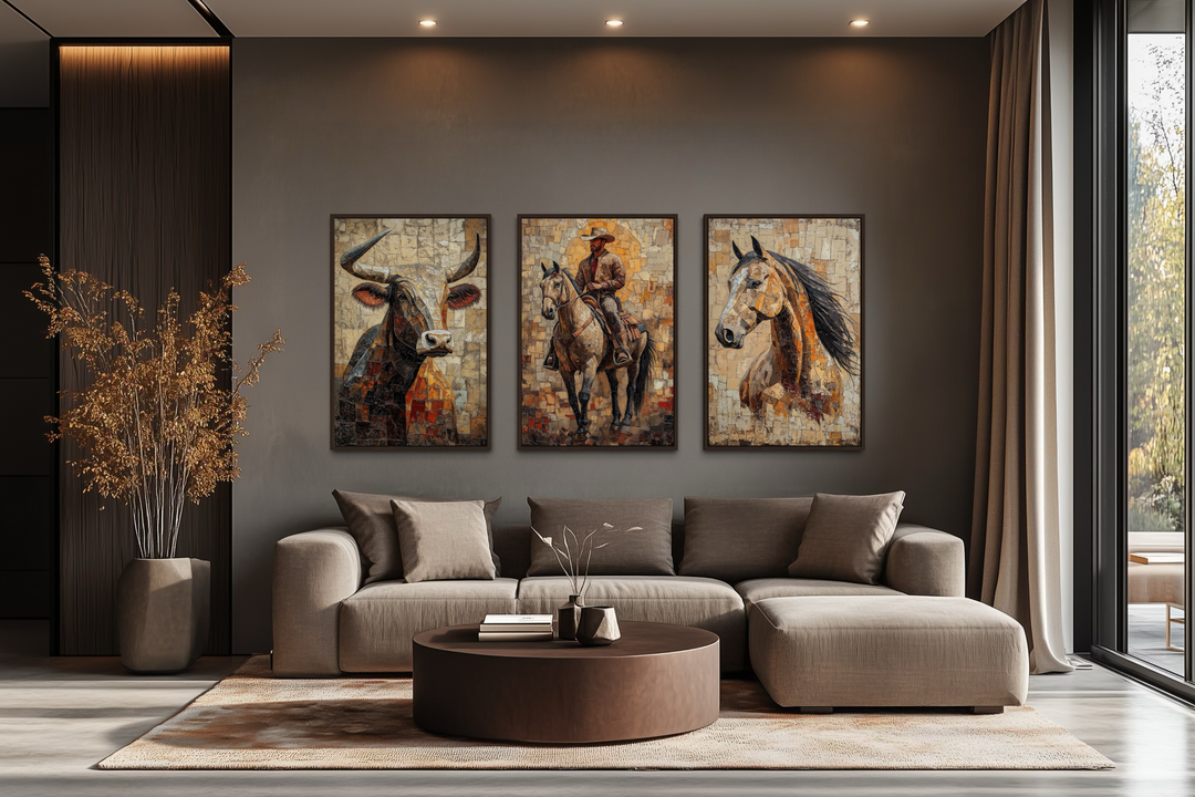 A set of three vertical canvas prints featuring a longhorn bull, a cowboy, and a horse.
