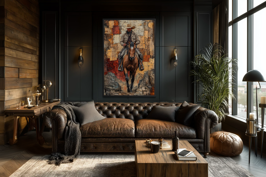 Vertical canvas wall art featuring a cowboy on horseback in a rustic, textured painting style.