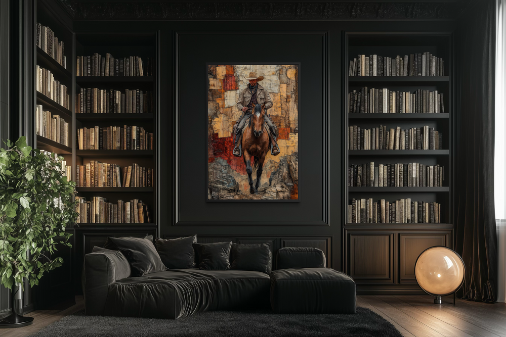 Vertical canvas wall art of a cowboy riding a horse in a rustic, textured painting style.