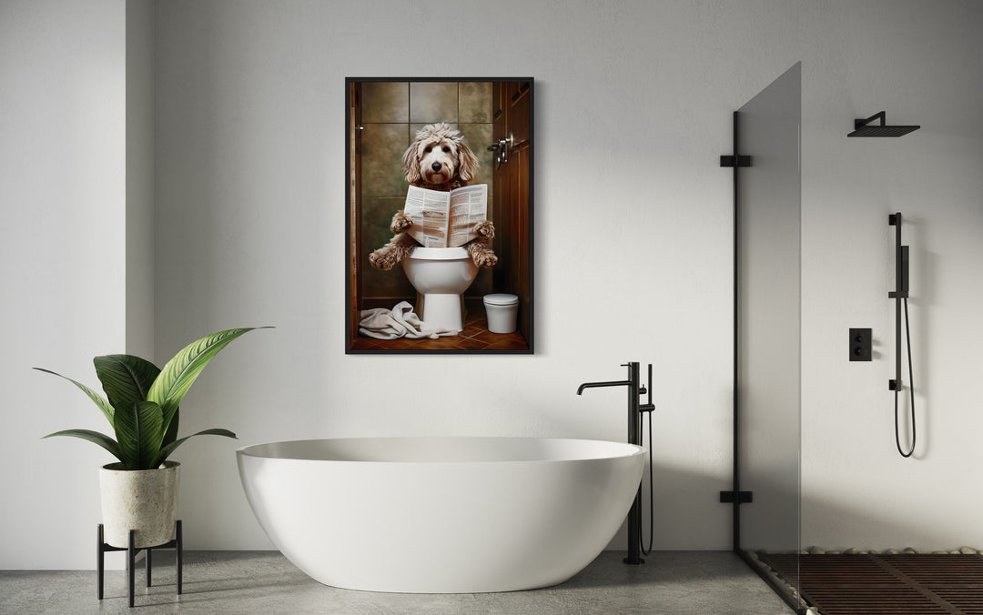 Goldendoodle Dog On The Toilet Reading Newspaper Wall Art