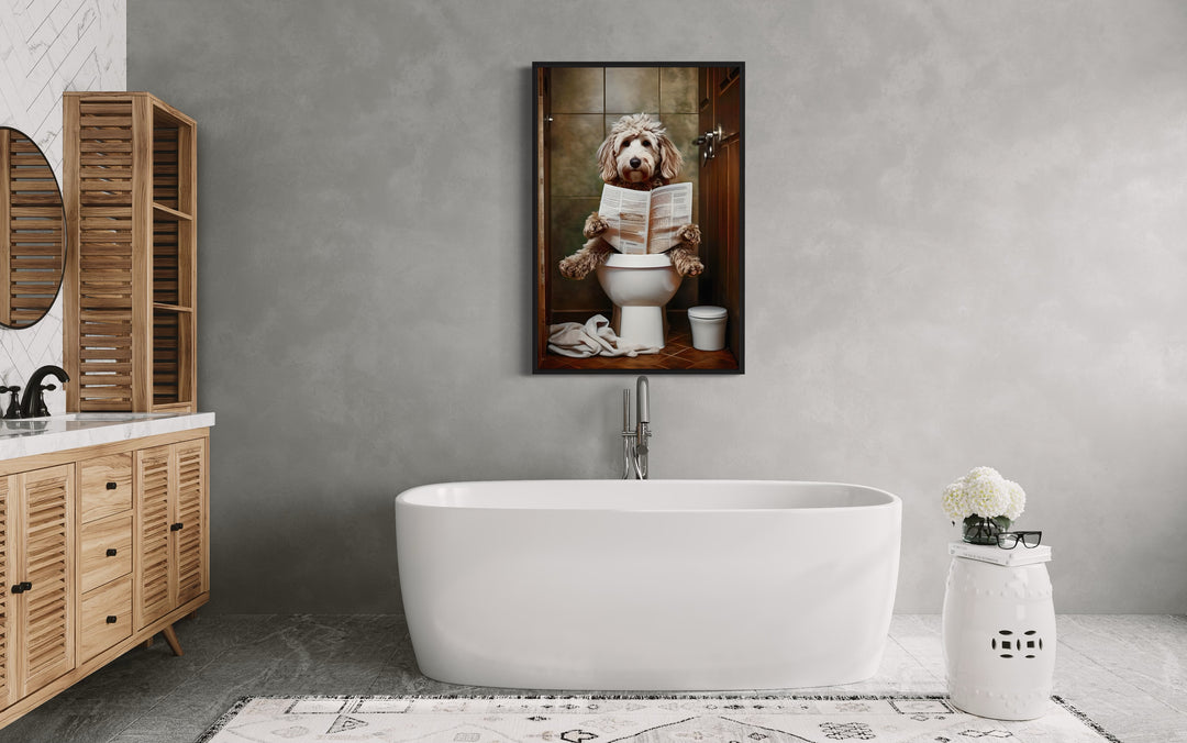 Goldendoodle Dog On The Toilet Reading Newspaper Wall Art over a bathtub