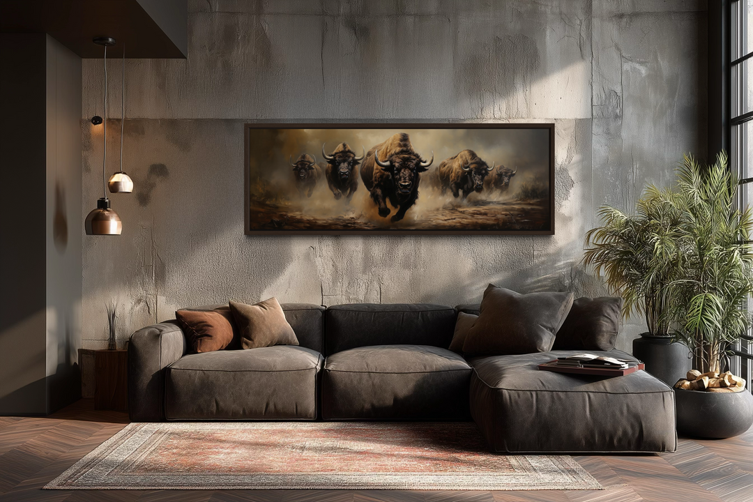 A long horizontal framed canvas featuring a herd of running bison in warm earthy tones.
