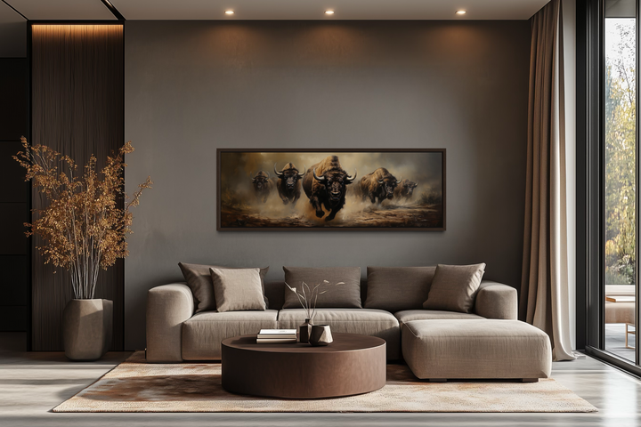 Long horizontal framed canvas wall art featuring a herd of running bison in warm earthy tones.