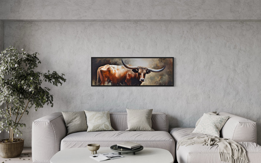 Texas Longhorn Steer Panoramic Framed Canvas Wall Art