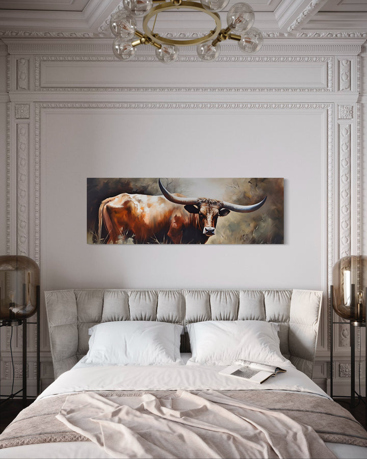 Texas Longhorn Steer Panoramic Framed Canvas Wall Art