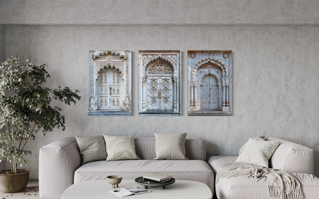 Set Of Three Neutral Grey Indian Doors Architecture Framed Canvas Wall Art