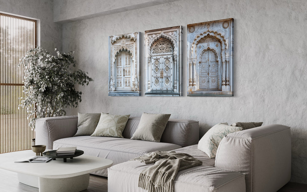 Set Of Three Neutral Grey Indian Doors Architecture Framed Canvas Wall Art
