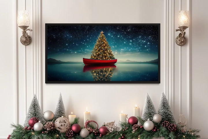Christmas Tree In Red Canoe Framed Canvas Wall Art