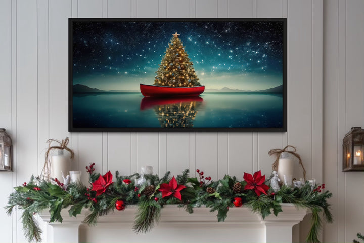 Christmas Tree In Red Canoe Framed Canvas Wall Art