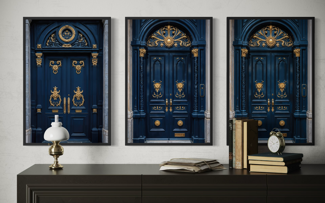 Set of three framed canvas prints featuring ornate navy blue European doors with gold accents.